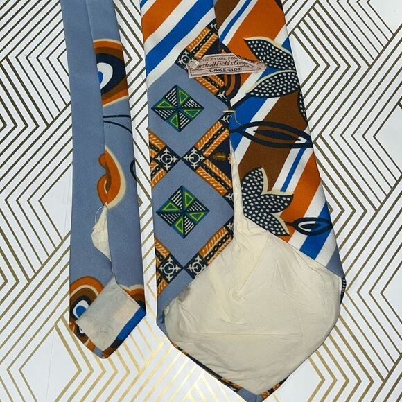 Marshall Field & Company Mens Geometric Floral Print Neck Tie Orange Black Blue - Picture 4 of 6
